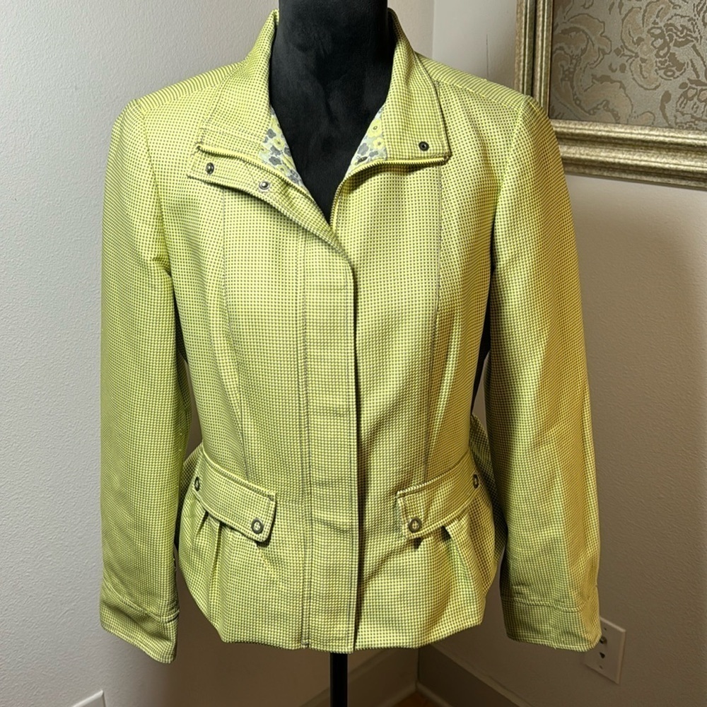 Carlisle houndstooth zip up ruffle bottom gray green blazer jacket Sz 10